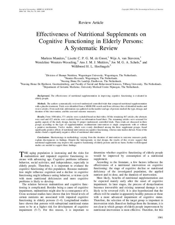 (PDF) Effectiveness of Nutritional Supplements on Cognitive Functioning ...