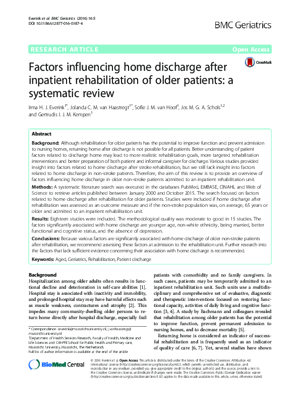 (PDF) Factors influencing home discharge after inpatient rehabilitation ...