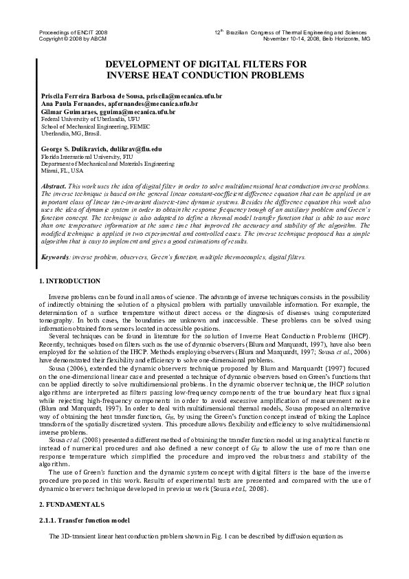 (PDF) Development of Digital Filters for Inverse Heat Conduction Problems