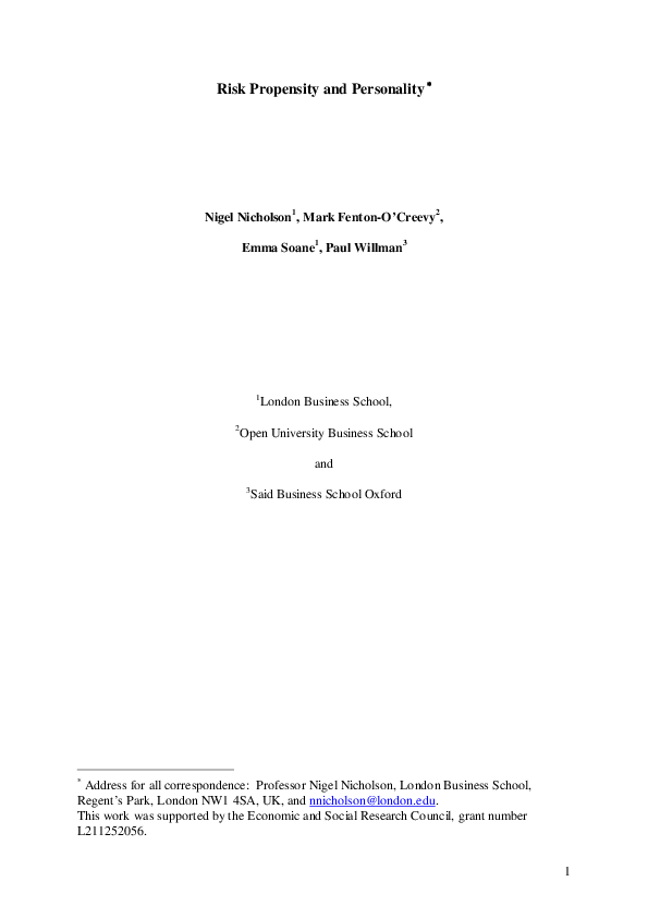 (PDF) Risk propensity and personality
