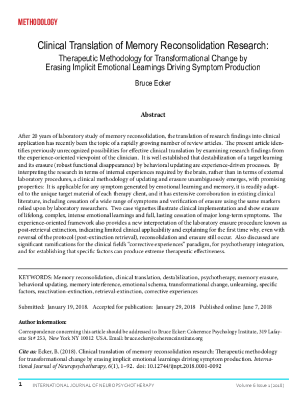 (PDF) Clinical translation of memory reconsolidation research ...