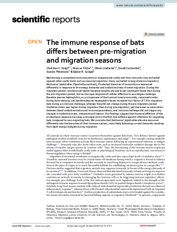 (PDF) The immune response of bats differs between pre-migration and ...
