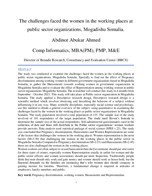 (PDF) The Challenges faced women in the working places in mogadishu somalia
