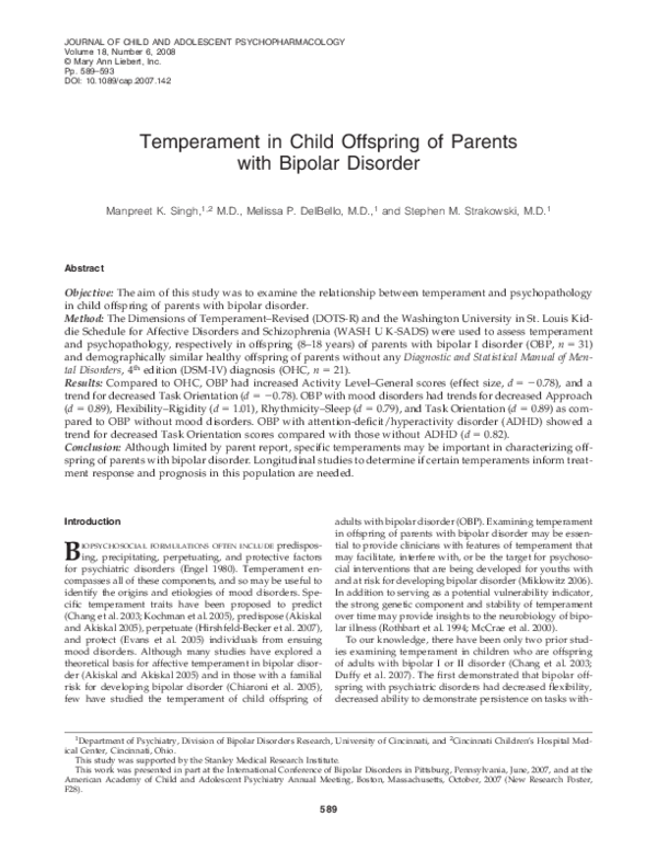 (PDF) Temperament in Child Offspring of Parents with Bipolar Disorder