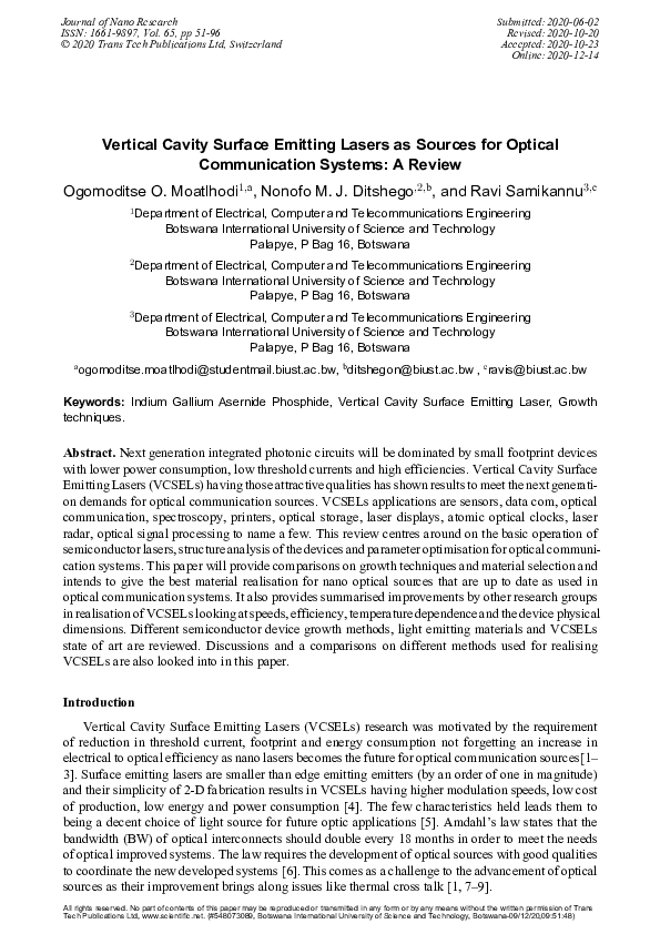 (PDF) Vertical Cavity Surface Emitting Lasers as Sources for Optical ...