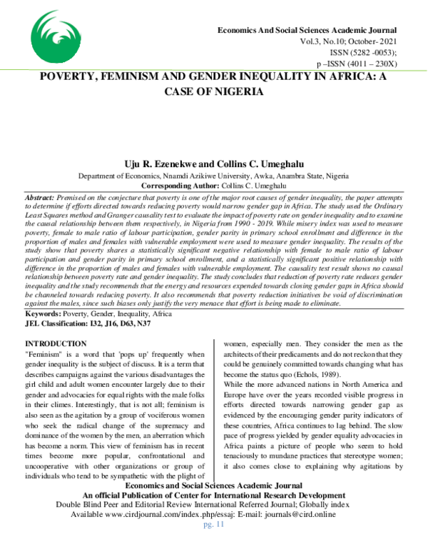 (PDF) POVERTY, FEMINISM AND GENDER INEQUALITY IN AFRICA: A CASE OF NIGERIA