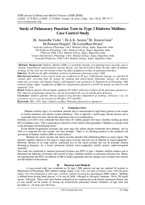 (PDF) Study of Pulmonary Function Tests in Type 2 Diabetes Mellitus ...