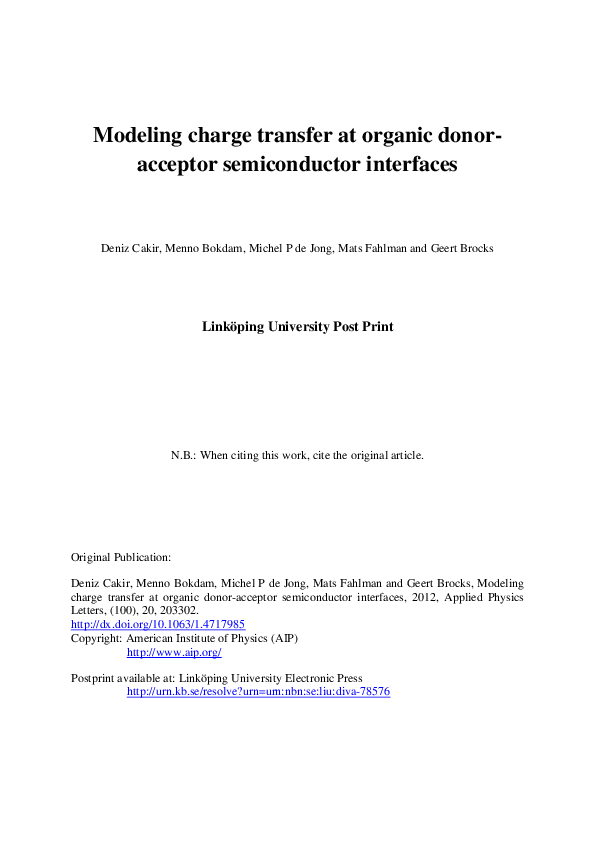 (PDF) Modeling charge transfer at organic donor-acceptor semiconductor ...