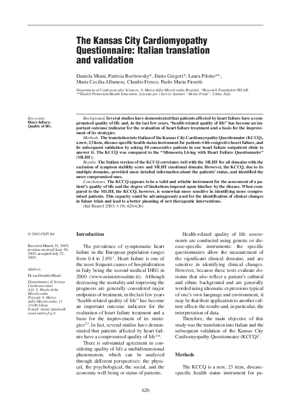 (PDF) The Kansas City Cardiomyopathy Questionnaire Italian translation and validation claudio