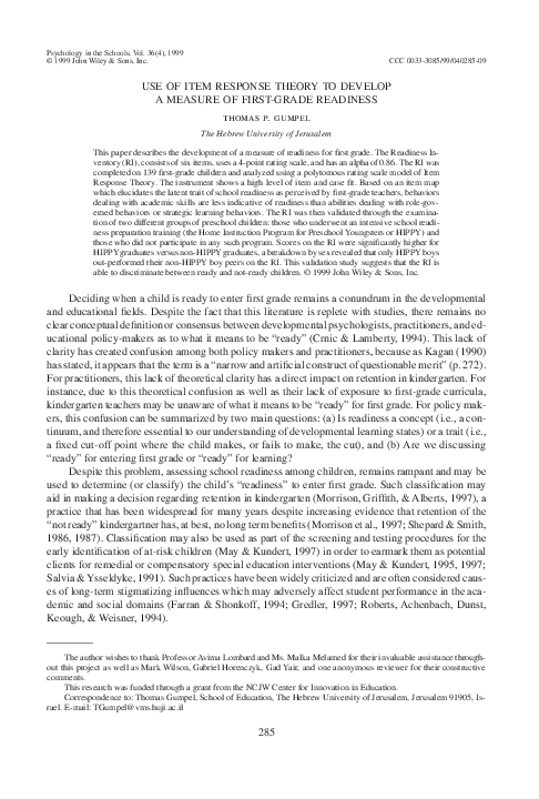 (PDF) Use of Item Response Theory to develop a measure of first-grade ...