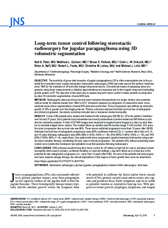 (PDF) Longterm tumor control following stereotactic radiosurgery for