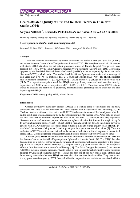(PDF) Health-Related Quality of Life and Related Factors in Thais with ...
