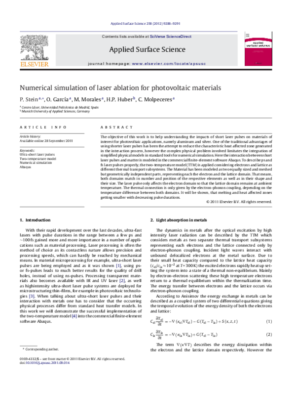 (PDF) Numerical simulation of laser ablation for photovoltaic materials