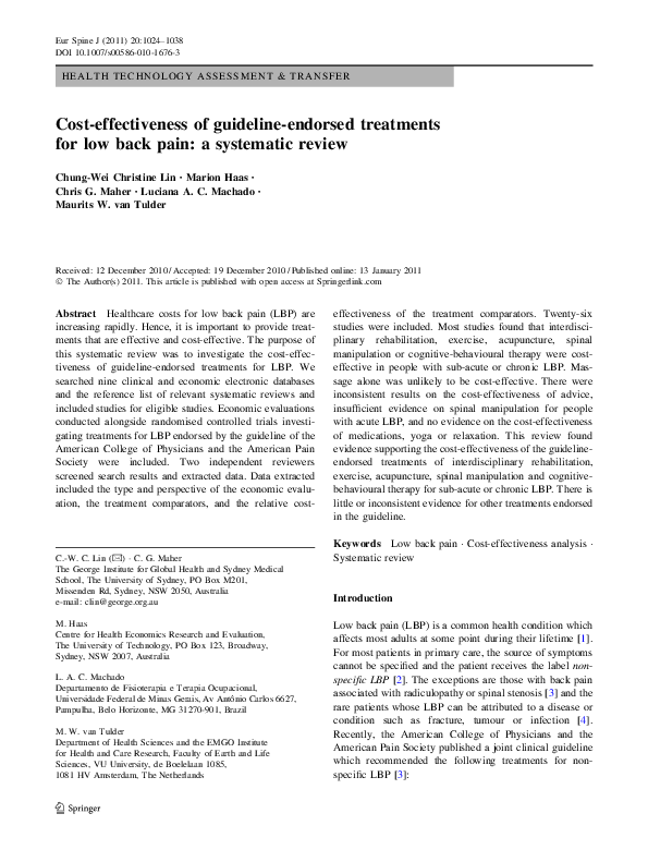 (PDF) Costeffectiveness of guidelineendorsed treatments for low back