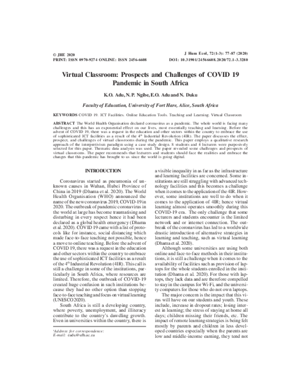 (PDF) Virtual Classroom: Prospects and Challenges of COVID 19 Pandemic ...