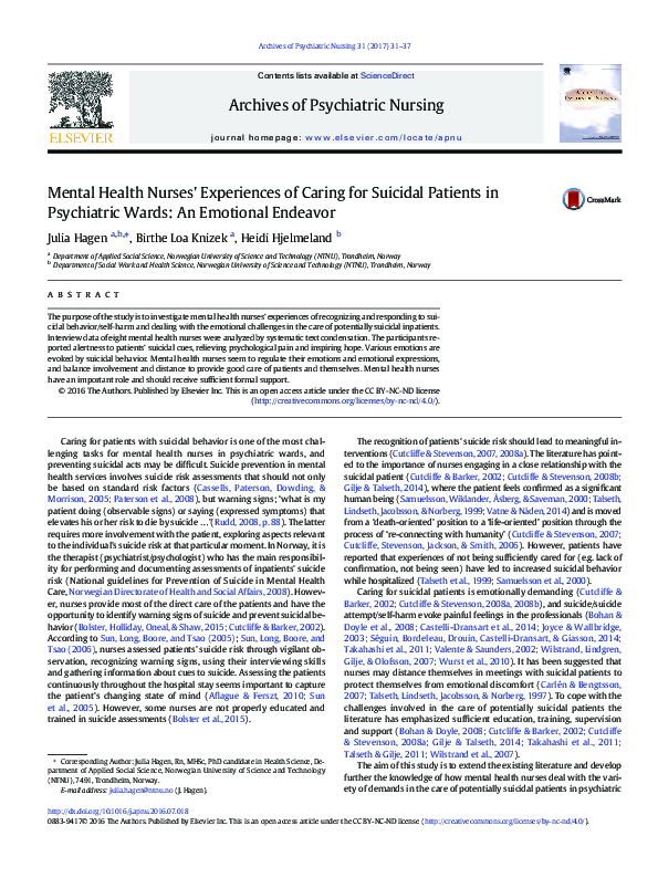 (PDF) Mental Health Nurses' Experiences of Caring for Suicidal Patients ...
