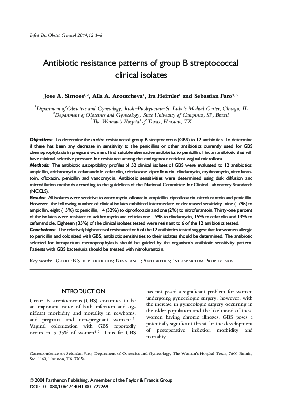 (PDF) Antibiotic resistance patterns of group B streptococci in late ...
