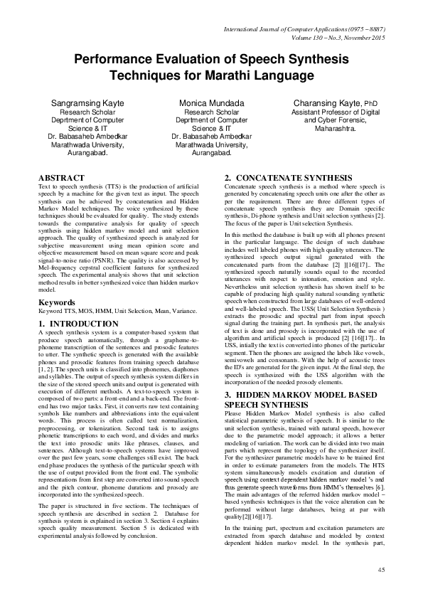 (PDF) Performance Evaluation of Speech Synthesis Techniques for Marathi ...