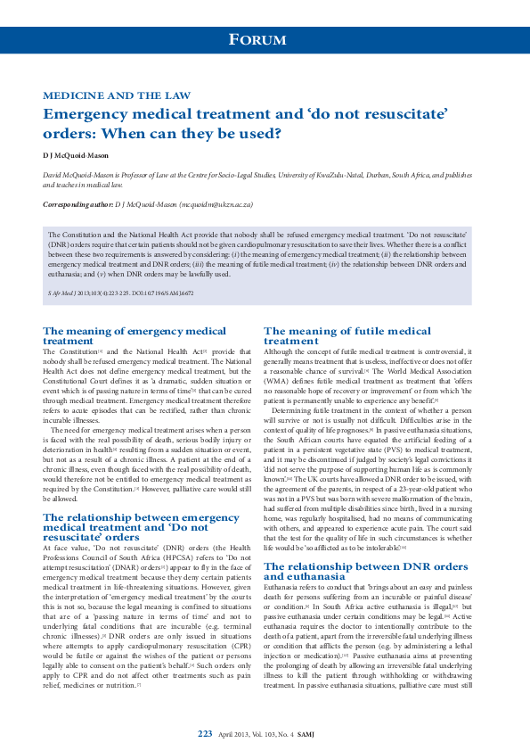 (PDF) Emergency medical treatment and 'do not resuscitate' orders When