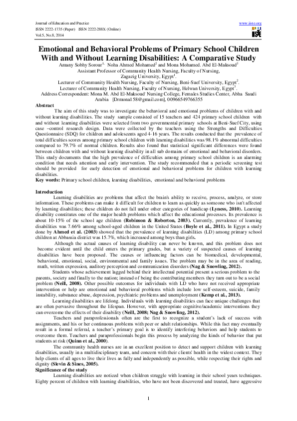 (PDF) Emotional and Behavioral Problems of Primary School Children With ...