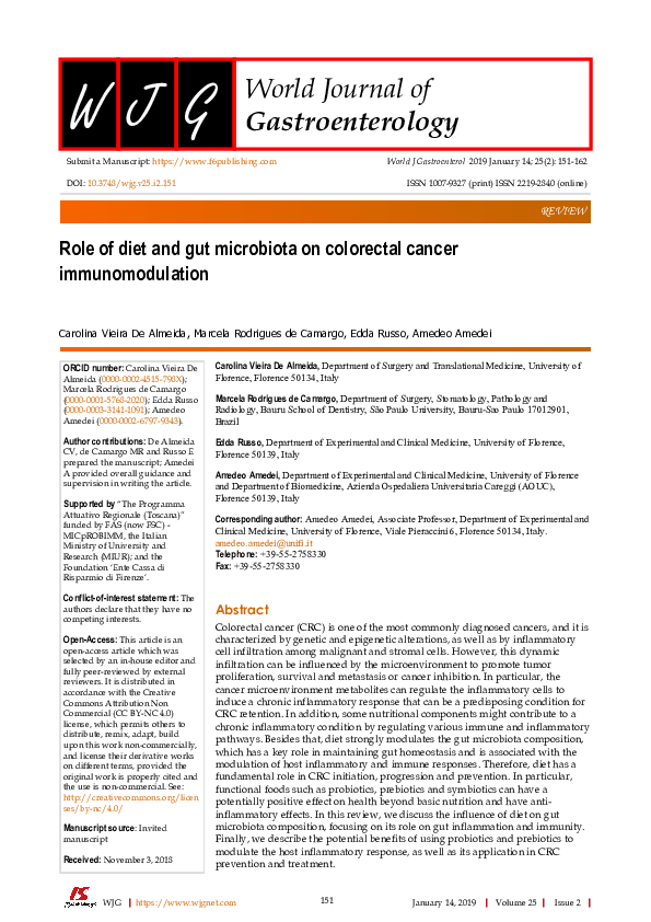 (PDF) Role of diet and gut microbiota on colorectal cancer ...