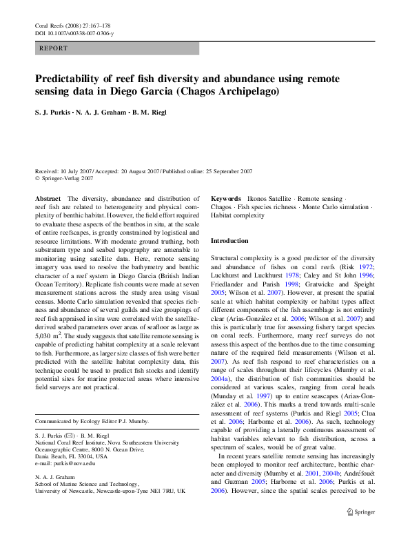 (PDF) Predictability of reef fish diversity and abundance using remote ...