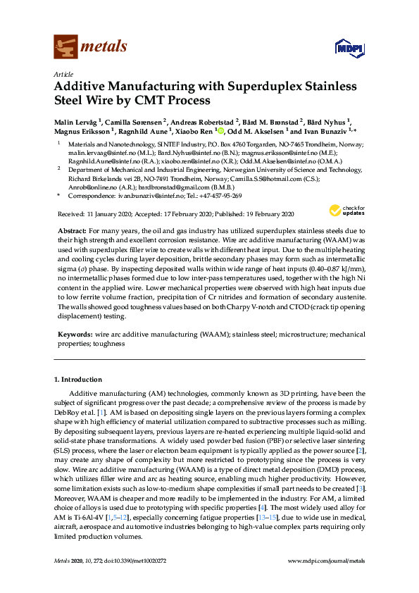 (PDF) Additive Manufacturing with Superduplex Stainless Steel Wire by