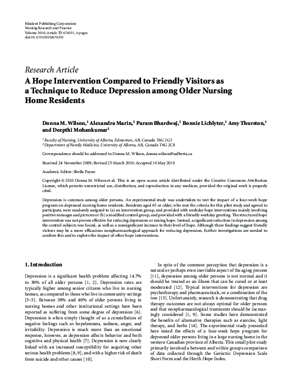 (PDF) A Hope Intervention Compared to Friendly Visitors as a Technique ...