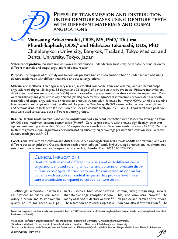 (PDF) Pressure transmission and distribution under denture bases using