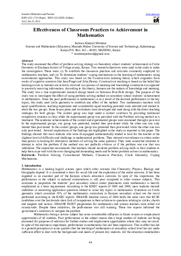 (PDF) Effectiveness of Classroom Practices to Achievement in Mathematics