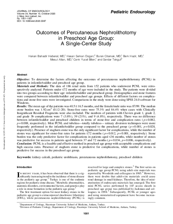 (PDF) Outcomes of Percutaneous Nephrolithotomy in Preschool Age Group ...