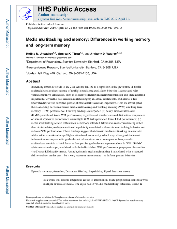 (PDF) Media multitasking and memory: Differences in working memory and ...