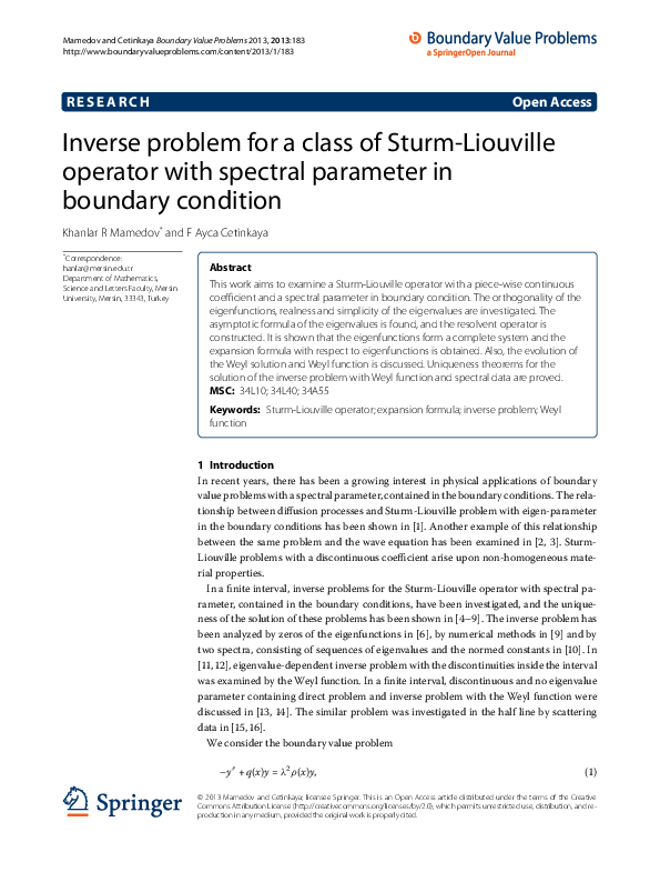 (PDF) Inverse problem for a class of Sturm-Liouville operator with ...