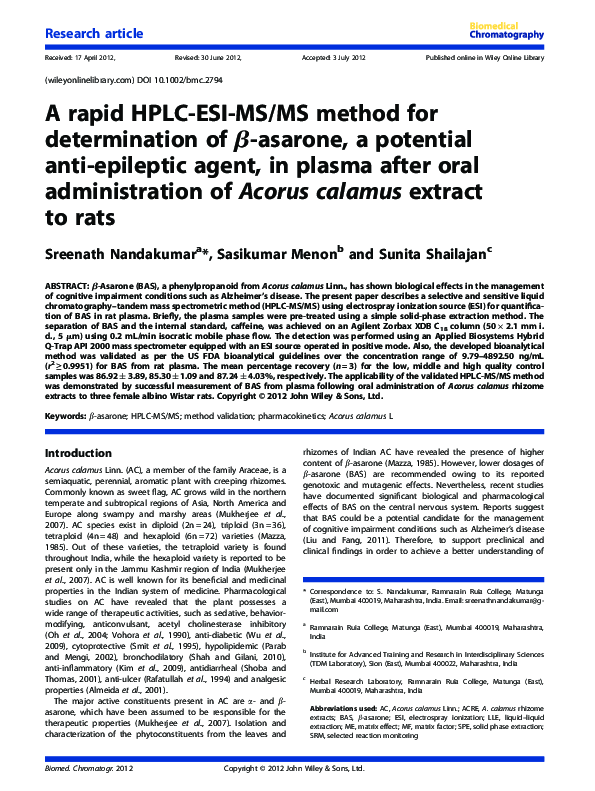 (PDF) A rapid HPLC-ESI-MS/MS method for determination of β-asarone, a ...