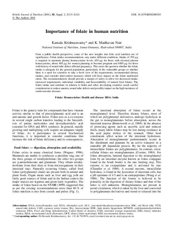 (PDF) Importance of folate in human nutrition