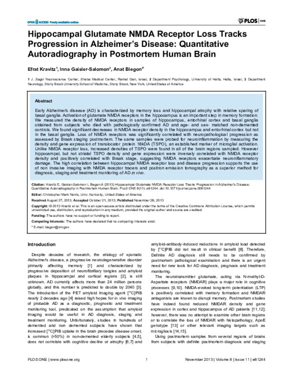 (PDF) Hippocampal Glutamate NMDA Receptor Loss Tracks Progression in