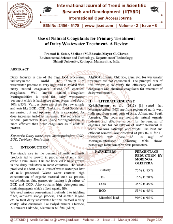 (PDF) Use of Natural Coagulants for Primary Treatment of Dairy
