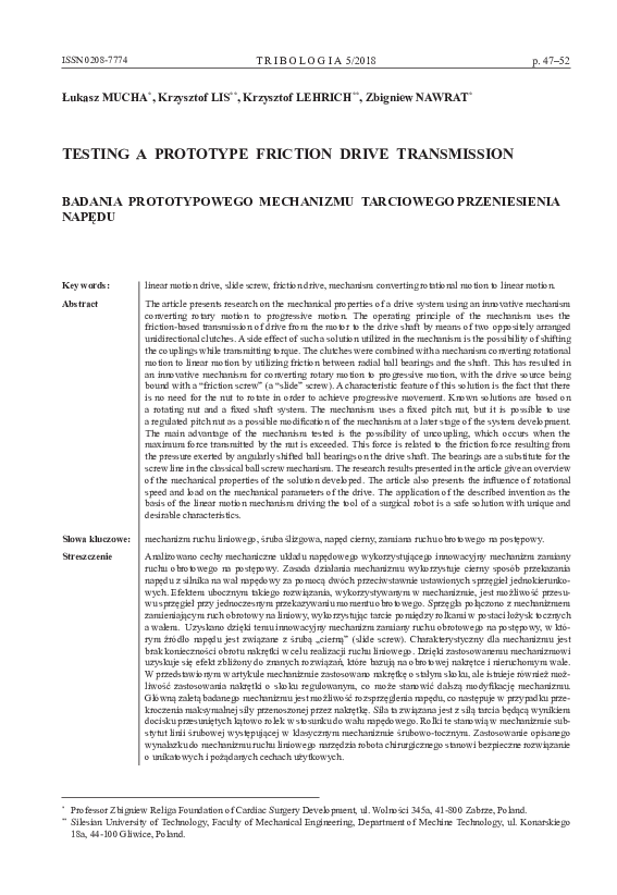 (PDF) Testing a Prototype Friction Drive Transmission Łukasz Mucha
