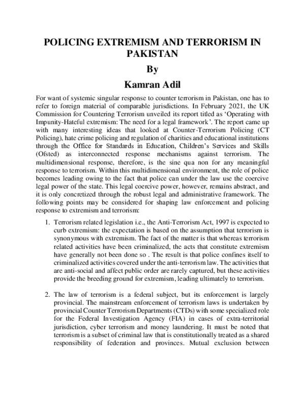 (PDF) POLICING EXTREMISM AND TERRORISM IN PAKISTAN