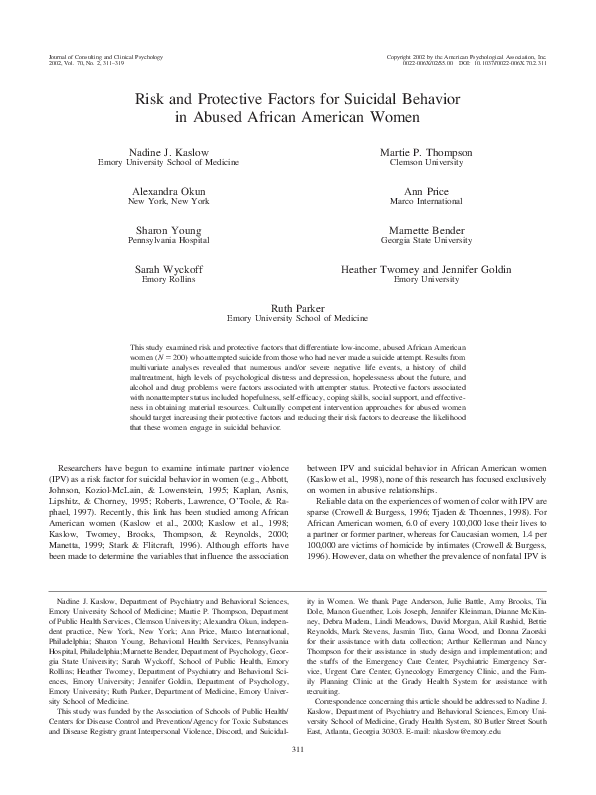 (PDF) Risk and protective factors for suicidal behavior in abused ...