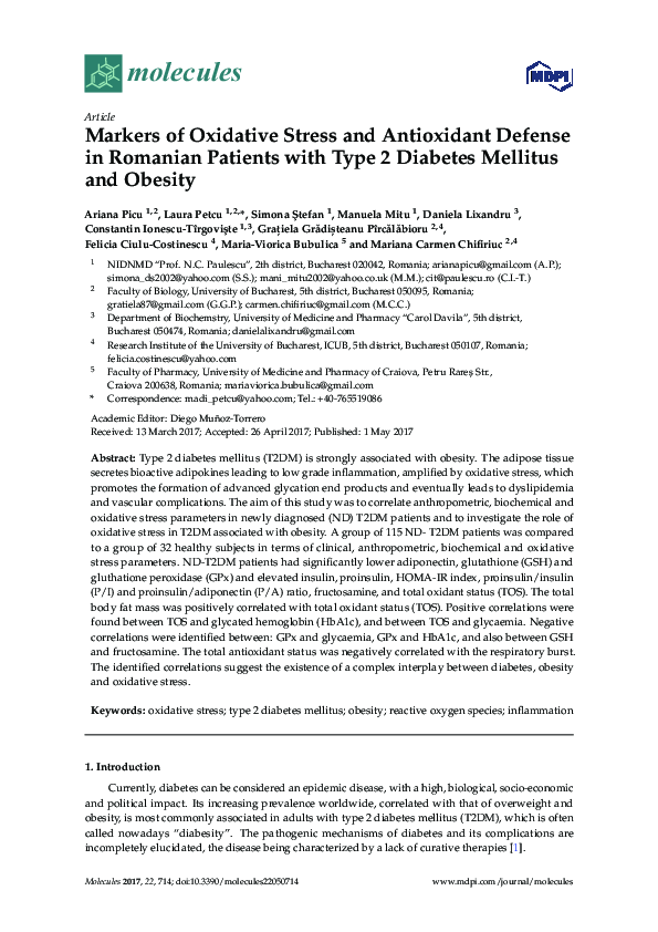 (PDF) Markers of Oxidative Stress and Antioxidant Defense in Romanian ...
