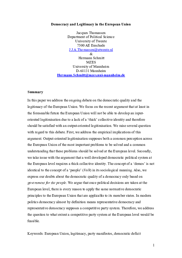 (PDF) Democracy and Legitimacy In the European Union