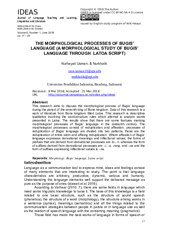 (PDF) The Morphological Processes of Bugis Language (A Morphological ...