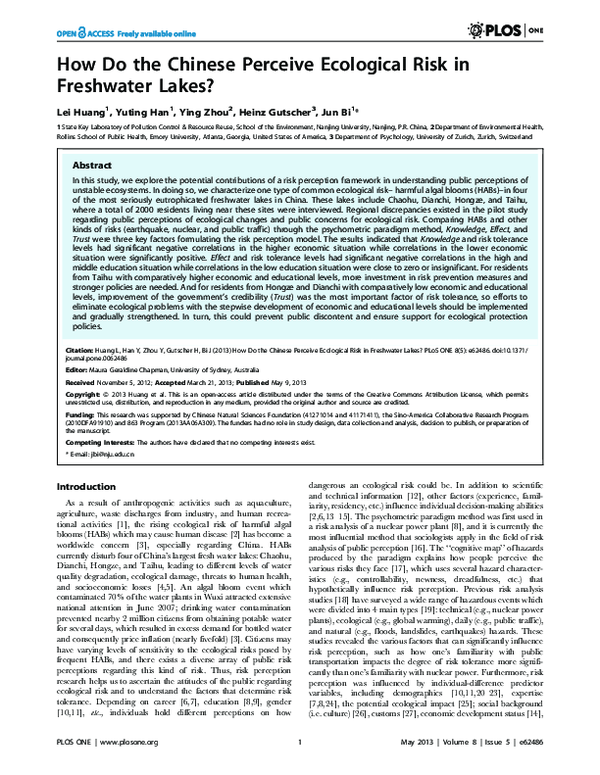 (PDF) How Do the Chinese Perceive Ecological Risk in Freshwater Lakes?