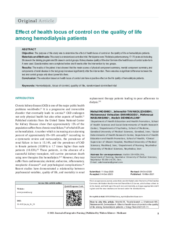 (PDF) Effect of health locus of control on the quality of life among ...