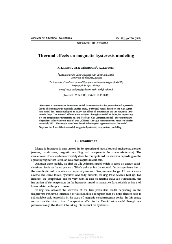 (PDF) Thermal effects on hysteresis modeling A. Babouri