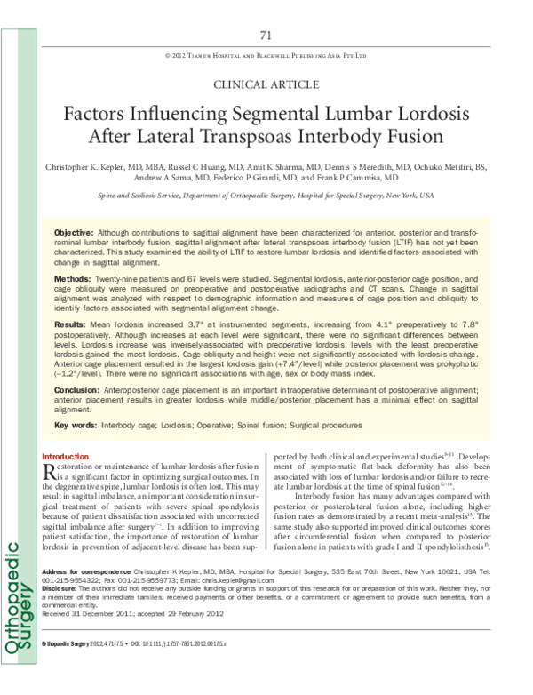 (PDF) Factors Influencing Segmental Lumbar Lordosis After Lateral ...