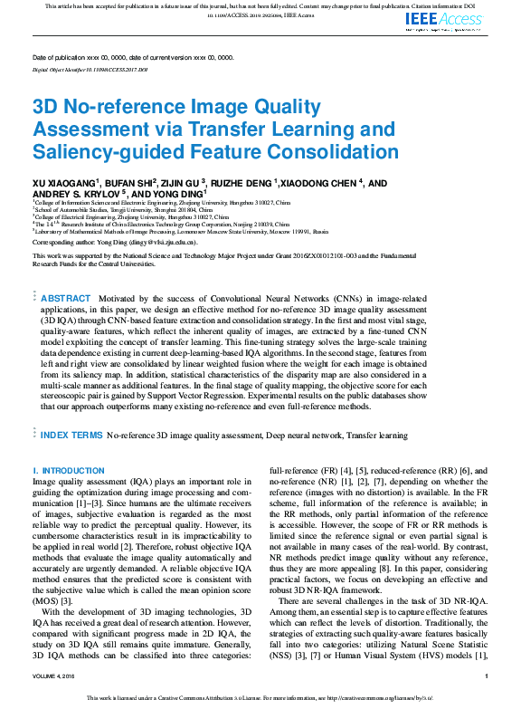 (PDF) 3D Image Quality Assessment Using Transfer Learning and Saliency