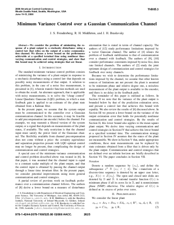 (PDF) Minimum Variance Control Over a Gaussian Communication Channel