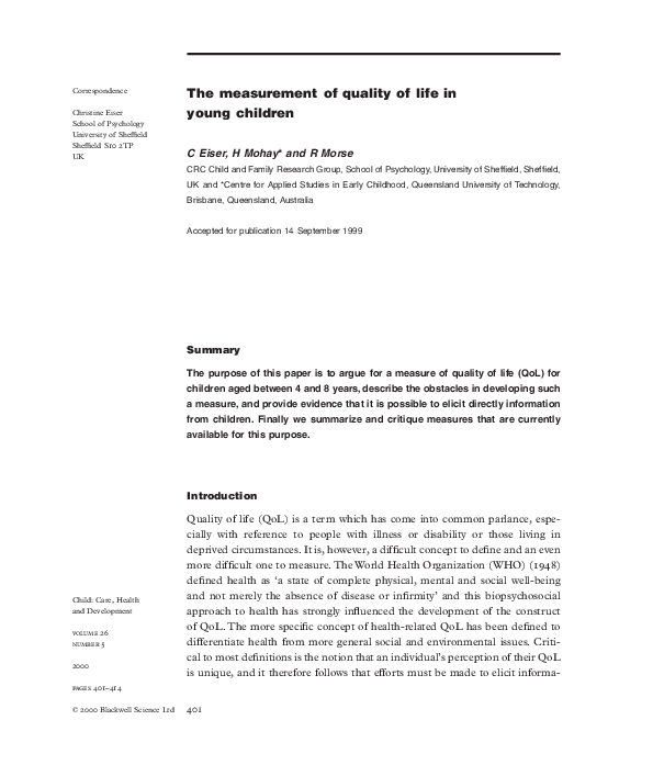 (PDF) The measurement of quality of life in young children